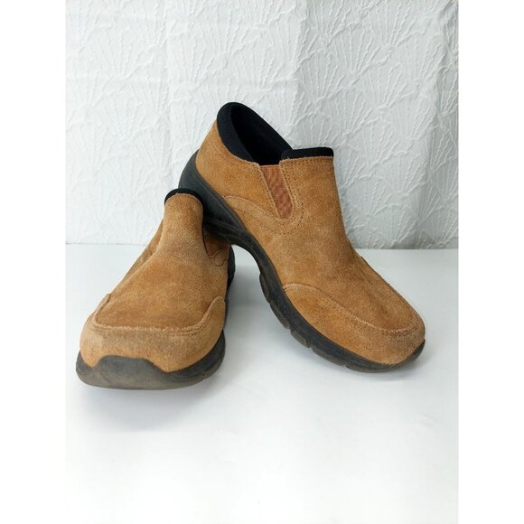 Lands End V3328 Women's Sz 7D Brown Suede Slip On Mocs Rubber Sole - Picture 1 of 13